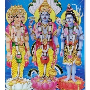 BEST SELLER Vishnu Brahma Shiva Golden Zari Art Work Poster Without Frame (25 X 36 Inches)