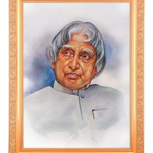 May include: A framed watercolor painting of a man with gray hair and a white shirt. The man is looking to the right and has a serious expression on his face.