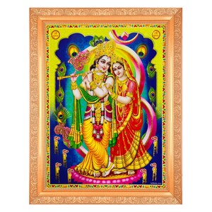 Radha Krishna Golden Zari Art Work Photo In Golden Frame (11 X 13 Inches) OR (27.94 X 33.02 Cms) Available In 2 Designs