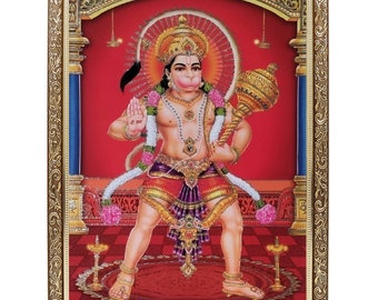 Hanumanji Silver Zari Art Work Photo In Copper Gold Artistic Frame Big (14 X 18 Inches)