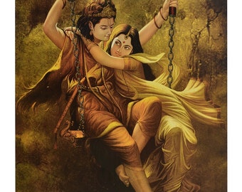 Radha Krishna On Swing Painting Print With Texture Coating Poster Without Frame (25 X 36 inches)