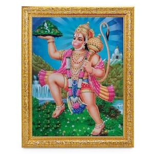 Hanumanji Mit Pahad Schönen Glanzdruck Elegantes Foto Im Goldenen Kunstwerkrahmen (11 X 13 Zoll) ODER (27,94 X 33,02 cm)