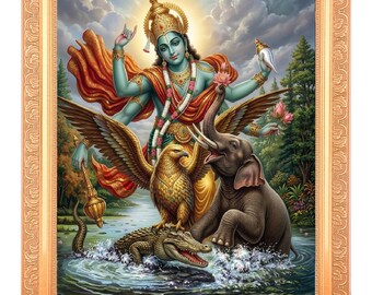 Maha Vishnu Narayan Bhagwan Gajendra Moksha Impresión digital en marco dorado 11 x 14 pulgadas