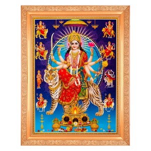 Nav Durga Schönes goldenes Zari-Foto im goldenen Kunstwork-Rahmen (11 x 14 Zoll) ODER (27,94 x 35,56 cm) Einweihungsgeschenk