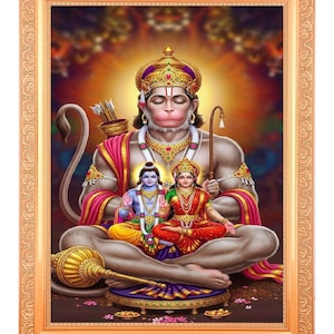 Ram Sita Hanuman Sparkle/Golden Foil/Digital Print Elegant Photo In Golden Artwork Frame(11 x 14 Inch)OR(27.94 X 35.56 Cm)Housewarming Gifts