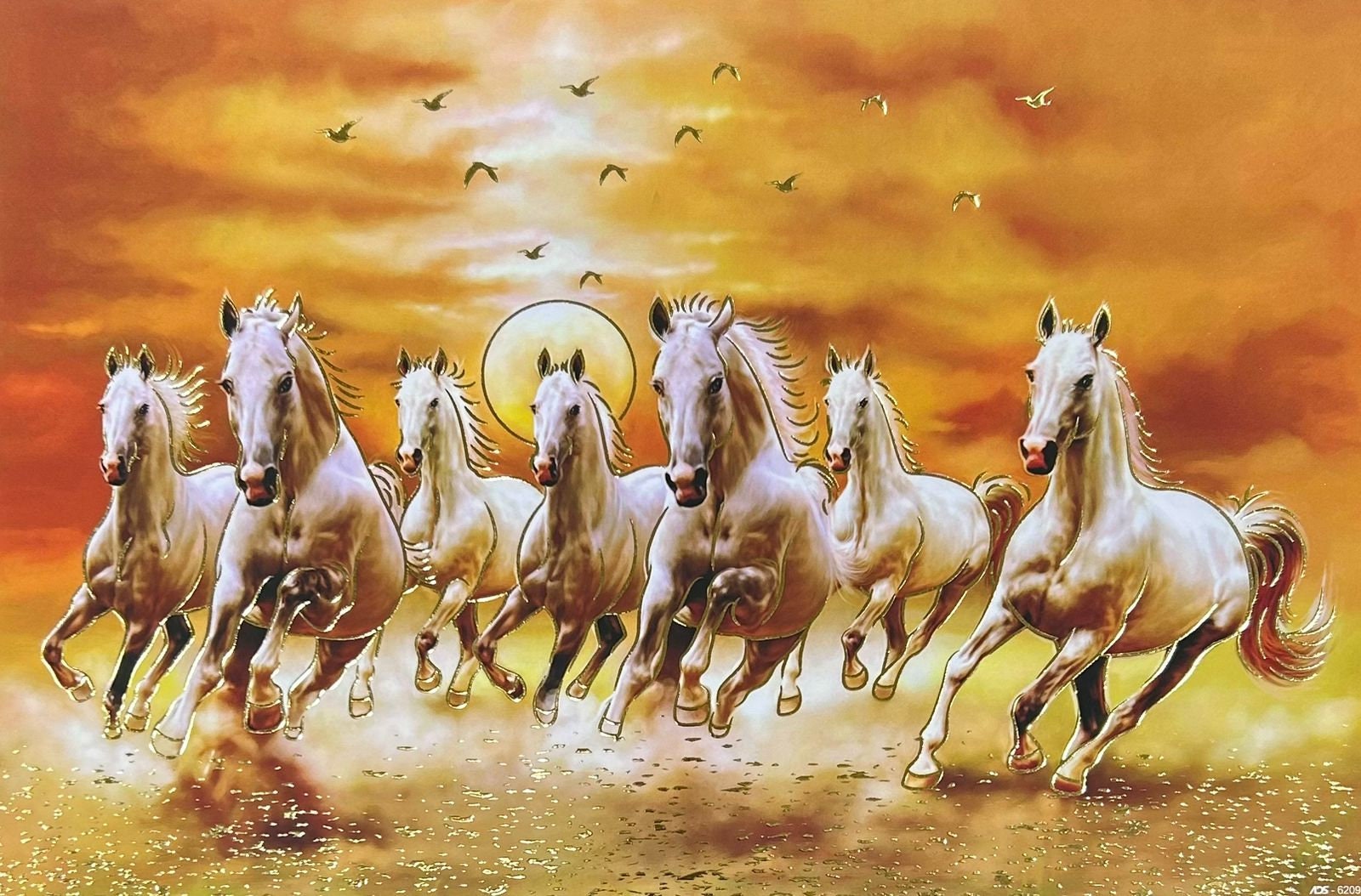 Seven Running Horses Painting in Carved Wooden Frame (23x17 Inch