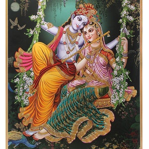 Radha Krishna On Swing Golden Zari Art Work Poster Without Frame (24 X 36 Inches)Available In 2 Designs