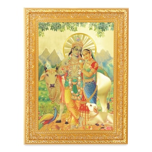 Hermosa foto de Radha Krishna en lámina dorada con marco dorado (11 x 14 pulgadas) o (27,94 x 35,56 cm). El mejor regalo para inauguración de la casa.
