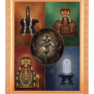 Pancha Bhoota Sthalams Impresión digital, marco dorado (11 x 14 pulgadas)