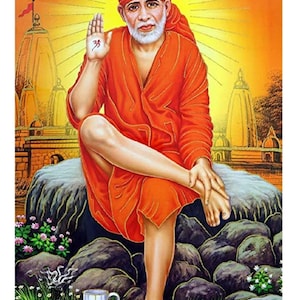 BEST SELLER Shirdi Sai Baba Golden Zari Art Work Poster Without Frame (24 X 36 Inches)