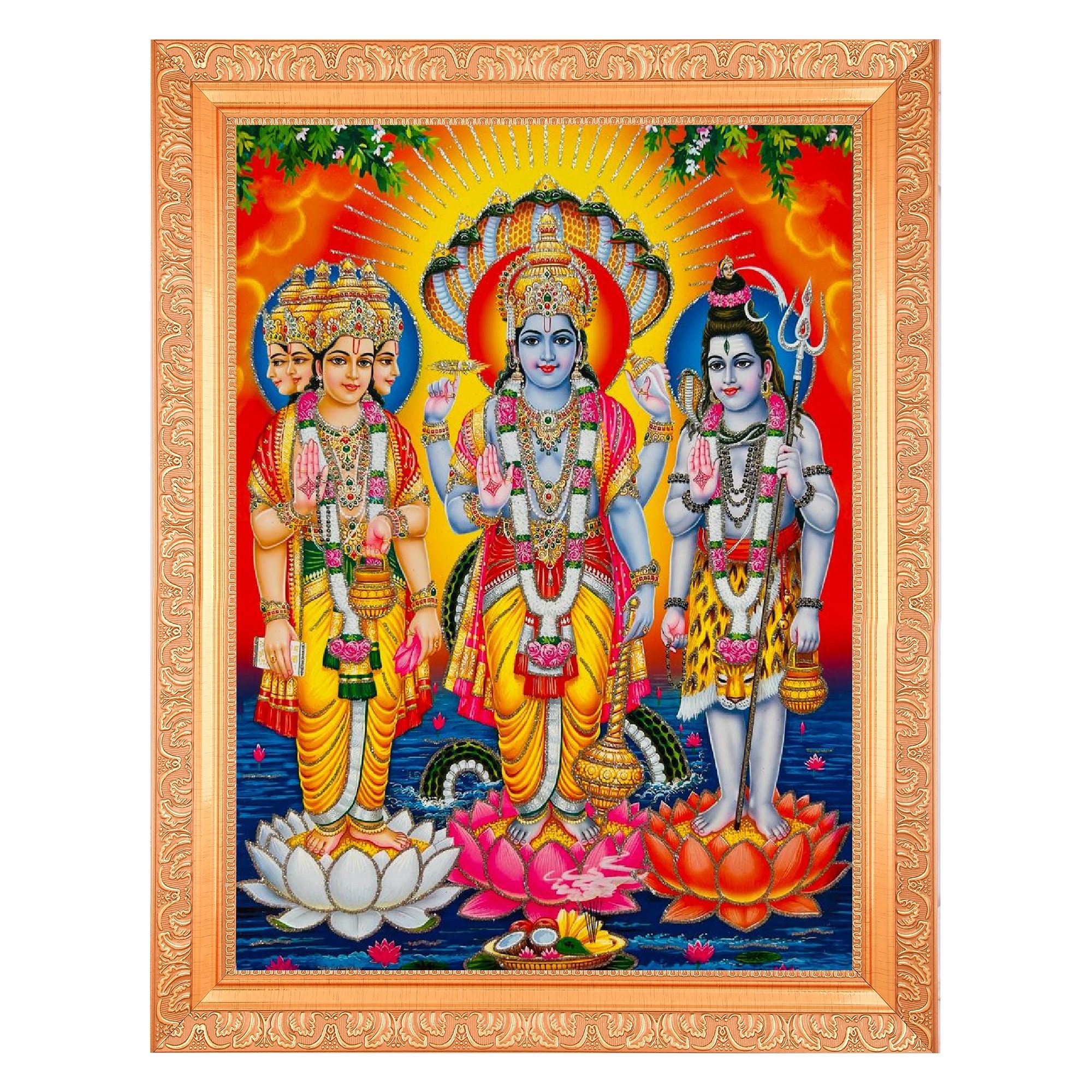 シヴァ、ヴィシュヌ、ブラフマーのアート写真（金枠入り、14x18インチ