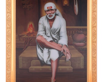 Sai Baba Shirdi, couche en 5 dimensions (avec effet 5D), oeuvre d&#39;art photo dans un cadre doré, grand (14 x 18 pouces)