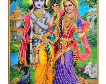Radha And Krishna With Golden Zari Art Work Poster Without Frame (25 X 36 Inches)