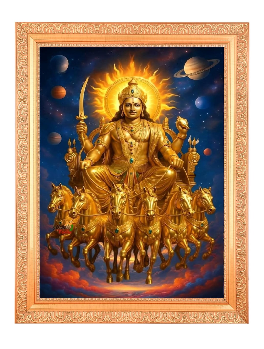 Surya Narayan Devta With Vastu 7 Horses Print, Golden Artwork Frame (11 ...