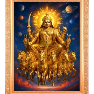 Surya Narayan Devta mit Vastu 7 Pferde-Druck, goldener Kunstdruck (30,5 x 35 cm)