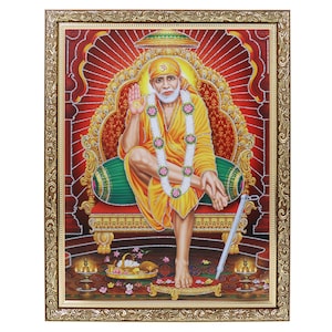 Shirdi Sai Baba Silver Zari Artwork Photo In Copper Gold Frame Big (14 X 18 Inches) Available in 2 Designs