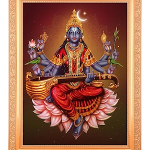 May include: A framed digital illustration of a four-armed deity with blue skin, wearing a red and gold garment and ornate jewellery. The figure sits on a large pink lotus flower, holding a stringed instrument, a lotus bud, and green sprigs.