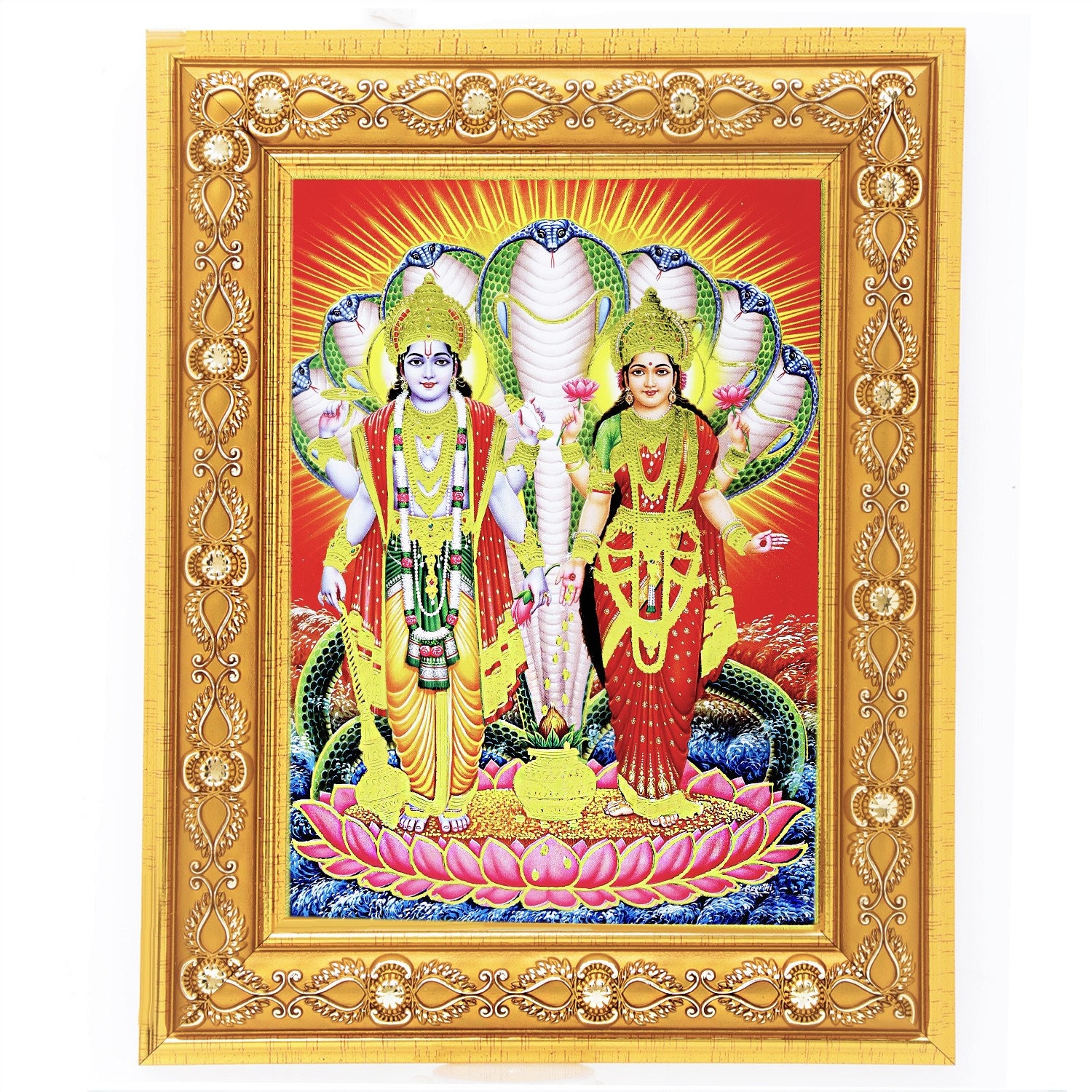 Vishnu Lakshmi Golden Art Work Photo Print in Golden Wall Hanging ...