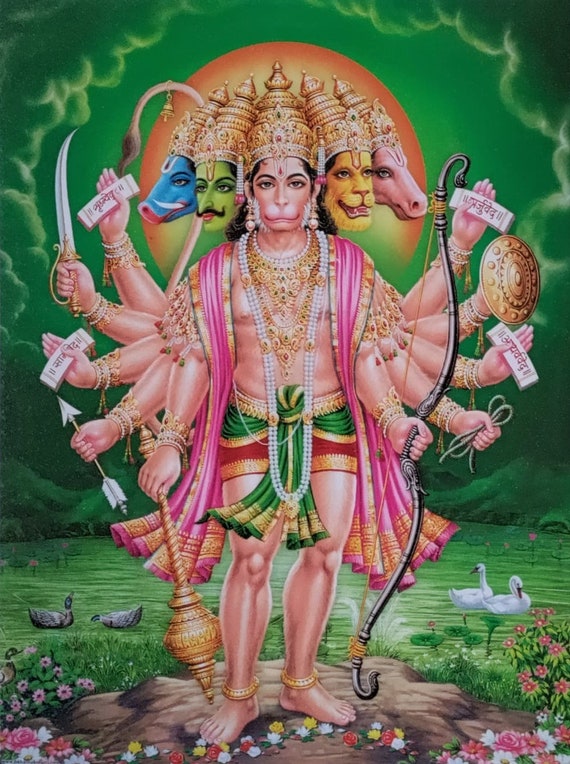 Panchmukhi Hanuman Beautiful Sparkle Print Elegant Photo in Golden
