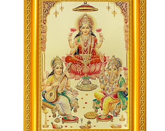 Foto de Lakshmi, Saraswati y Ganesh en lámina dorada con marco ornamentado (29,5 x 34,5 cm)