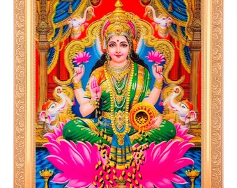 Lakshmi Maa Poojan, couche en 5 dimensions (avec effet 5D), oeuvre d&#39;art photo dans un cadre doré, grand (14 x 18 pouces) disponible en 3 modèles