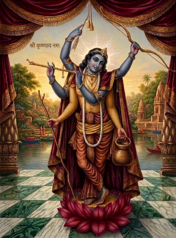 クリシュナ／ヒンドゥー：油彩 クリスタル装飾 कृष्ण, Kṛṣṇa ˈkr̩ʂɳə Shree Krishna Painting, Golden Artwork Frame (11 X 14 Inch