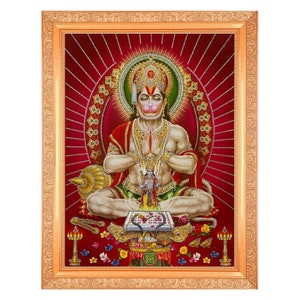Meditating Hanuman-Ji Silver Zari Art Work Photo In Golden Frame Big (14 X 18 Inches) {{ 3 Designs Available}}