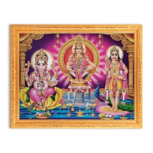 Ayyappan Swamy Ganesha Lord Murugan Sparkle Print Digital Photo In Golden Frame Big (14 X 18 Inches)