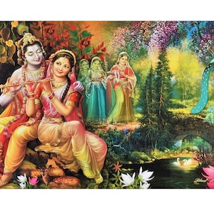 Majestic Painting Print Of Radha Krishna Wall Sticker Poster Without Frame Big (24 X 48 Inches)