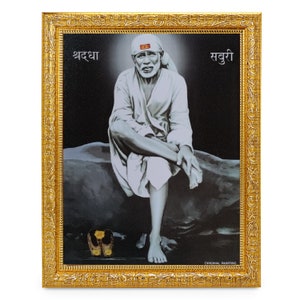 Sai Baba Vintage Orignal Painting Beautiful Sparkle Print Elegant Photo In Golden Artwork Frame (11 X 13 Inches) OR (27.94 X 33.02 Cms)