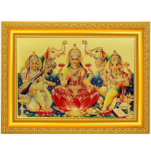 Lakshmi Saraswati Ganesh Beautiful Golden Foil Photo In Golden Frame (11.50 x 13.50 Inches)