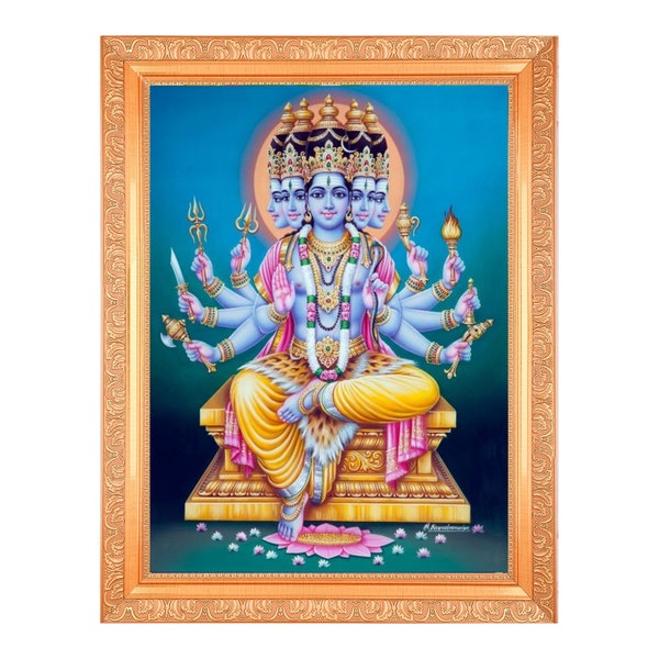 Maha Eswaran/Lord Shiva/Panchamuga Eswaran Artistic Painting Digital Print Photo In Golden Artwork Frame 11 x 14 Inch)Housewarming Gifts