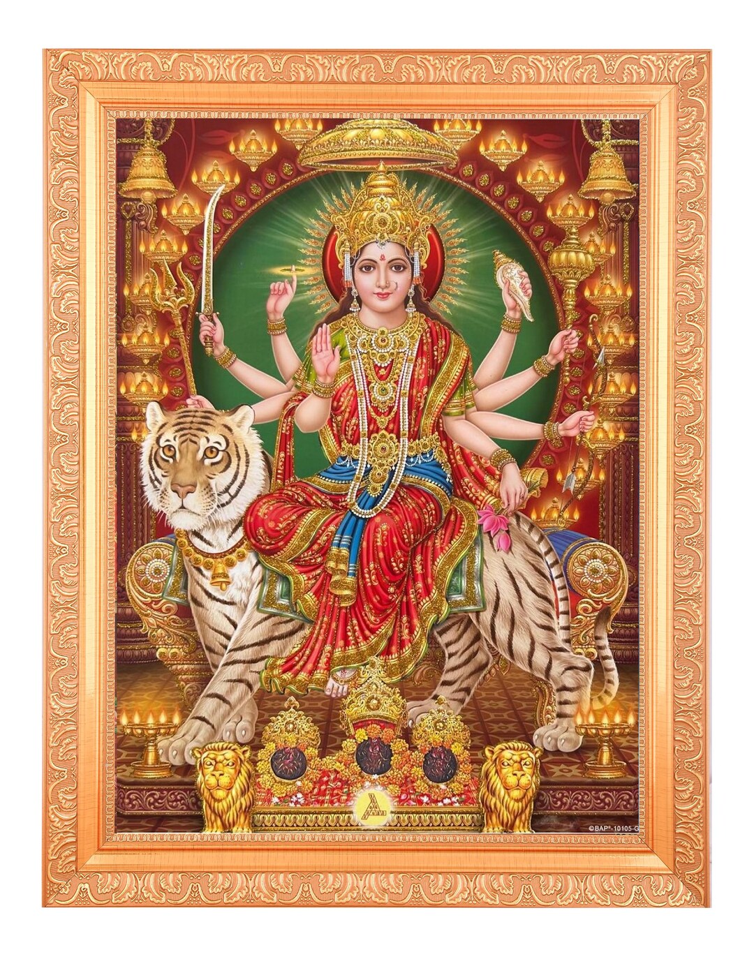 Cornice Dorata Con Foto Santoshi Mata Zari | Rame E Argento | 23x35 Cm | Quadro Da Parete Per Casa E Ufficio