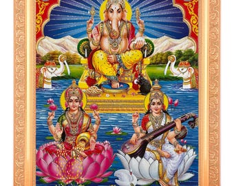 Ganesha, Lakshmi, Saraswati Silver Zari Art in Golden Frame (14x18 Inches)