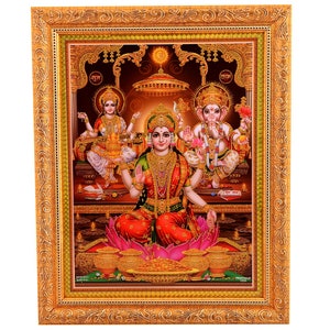 Lakshmi Saraswati Ganesh Golden Zari Art Work Photo In Golden Frame (11 X 13 Inches) OR (27.94 X 33.02 Cms)
