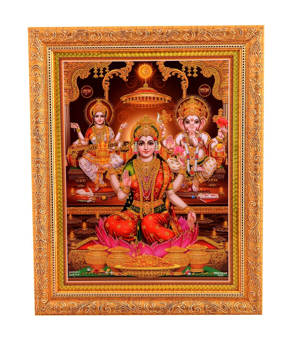 Lakshmi Sararwati Ganesh Golden Zari Art Work Photo in Golden Frame Big Religious Wall Decor 14 X 18 Inches Lakshmi Sararwati Ganesh Golden Zari Art Work Photo in Golden Frame Big Religious Wall Decor 14 X 18 Inches