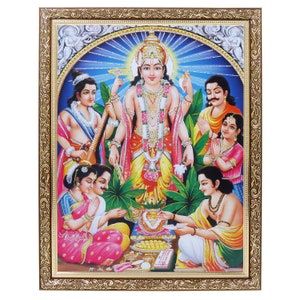 Satyanarayan Swamy Silver Zari Artwork Photo In Copper Gold Frame Big (14 X 18 Inches)