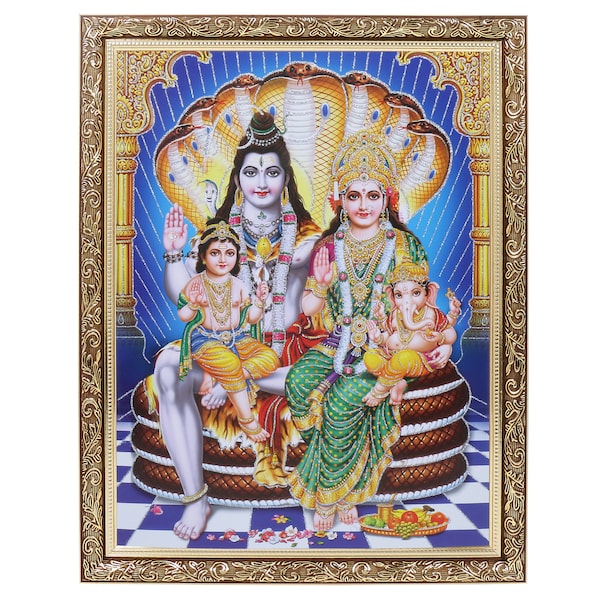 Shiv Parivar Silver Zari Art Work Photo In Copper Gold Artwork Frame Big (14 X 18 Inches)