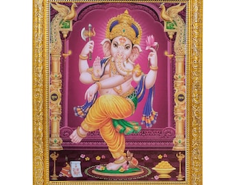 Dancing Ganesha Print in Elegant Golden Artwork Frame (11 x 13 Inches)