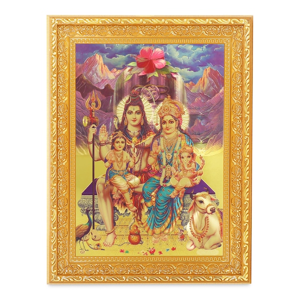 Shiv Parivar Beautiful Golden Foil/Zari Photo In Art Work Golden Frame (11 x 14 Inch)OR (27.94 X 35.56 Cms) Housewarming Gift In 3 Designs