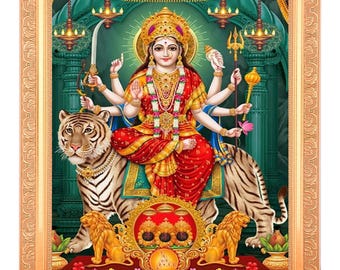 Sherawali Maa Durga Beautiful Digital Print Elegant Photo In Golden Artwork Frame (11 x 14 Inch) OR (27.94 X 35.56 Cm) Housewarming Gifts