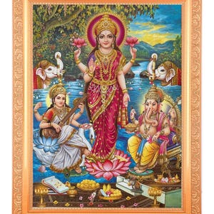 Stampa artistica di Lakshmi Saraswati Ganesha, opera d&#39;arte Zari, foto in cornice color rame e oro, grande (14 x 18 pollici), disponibile in 2 modelli.