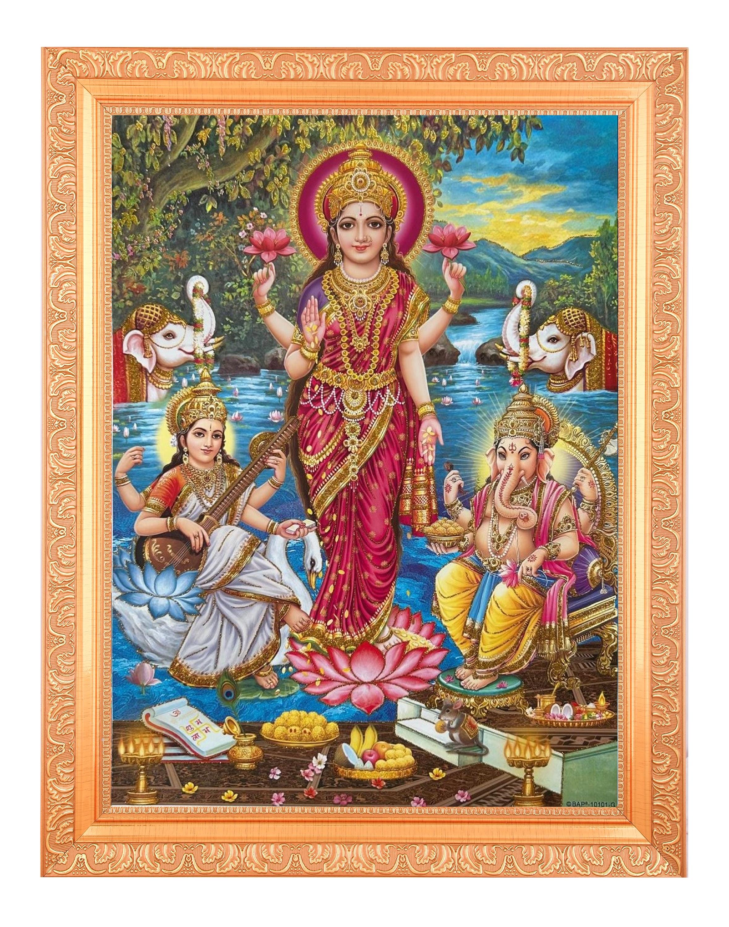 Lakshmi Saraswati Ganesha Print, Zari Artwork in Copper Gold Frame