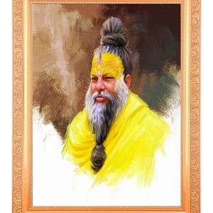 May include: A painting of a man with a long white beard and a yellow turban. He is wearing a yellow robe and has a yellow mark on his forehead. The painting is done in a realistic style.