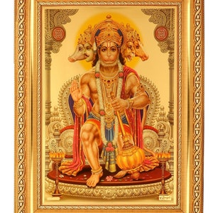 Panchmukhi Hanuman Beautiful Golden Foil Photo In Golden Frame (11.50 x 13.50 Inches)