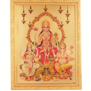 Lakshmi Saraswati Ganesha Golden Foil Photo In Golden Frame Big (14 X 18 Inches)