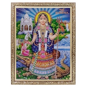 Khodiyar Mataji Painting Print Silver Zari Artwork Photo In Copper Gold Artwork Frame Big (14 X 18 Inches)
