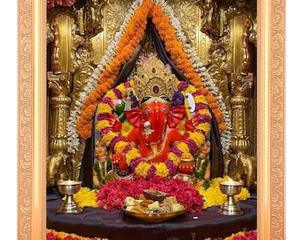 Shri Siddhivinayak Ganapati Framed Art Print, Gerua Shringaar Darshan (11x14 Inches)