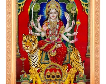 Maa Durga Zari Art Print Photo In Golden Artwork Frame Housewarming Gifts (Available In 2 Sizes)