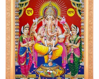 Ganesh-Ji with Riddhi Siddhi Zari Print in Golden Artwork Frame (11 x 14 Inch)